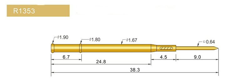 R1353-W探針套管、1.67mm測試針、總長38.3mm、彈簧針套管圖片、測試針套管圖片、頂針套管圖片、探針套管圖片